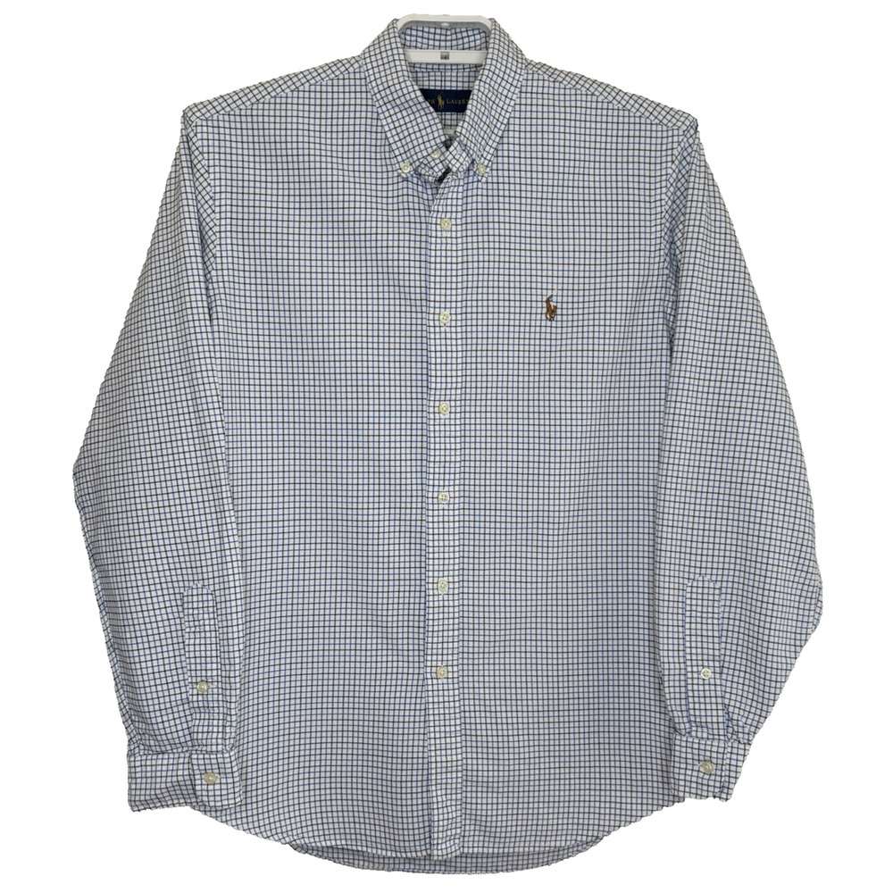 Ralph Lauren Oxford Button Up Shirt Mens Size Large White Blue Check Long Sleeve